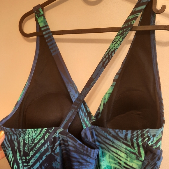 Speedo Blue Green Palm Leaf Print Swimsuit One Piece - Picture 7 of 14